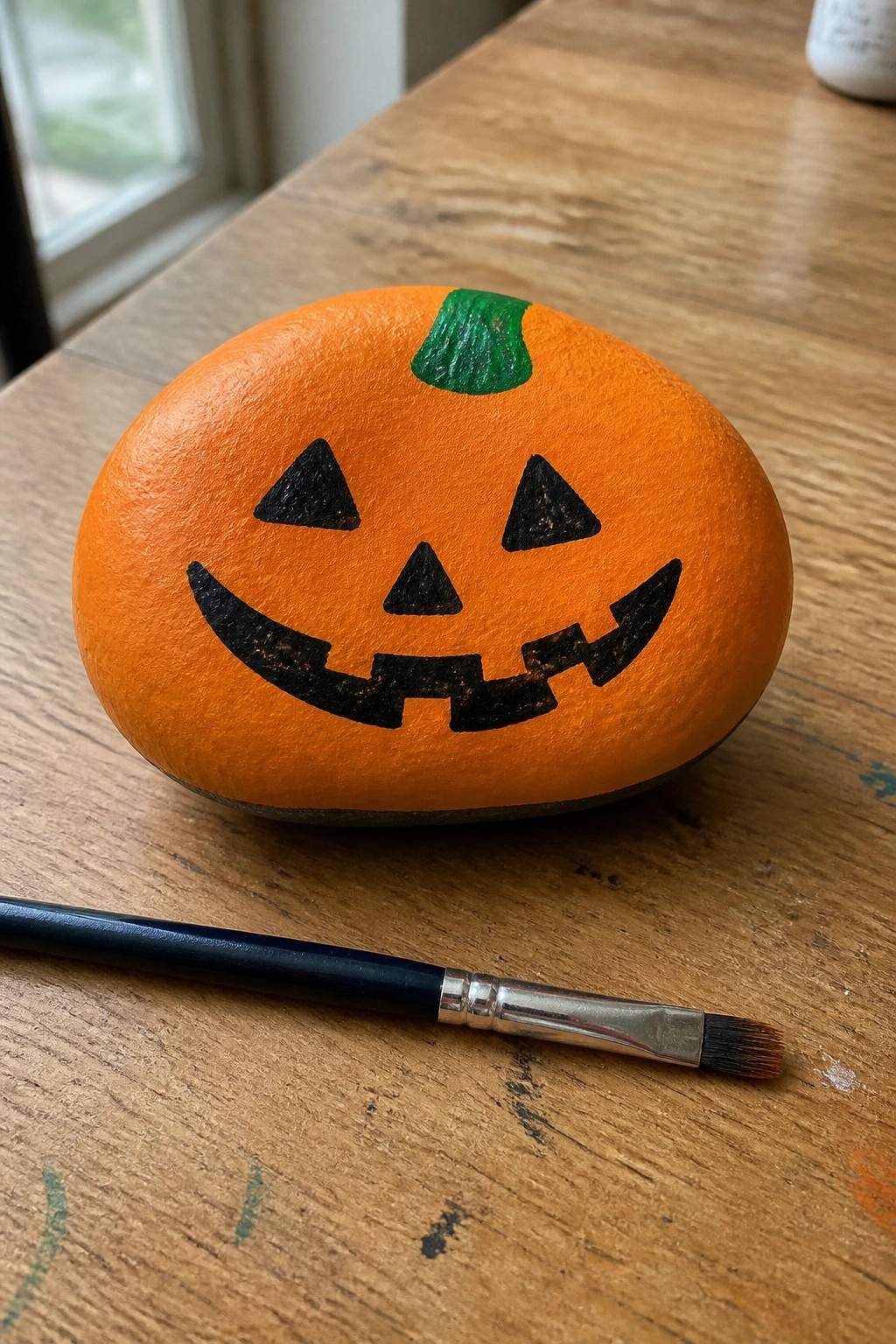 Orange jack-o'-lantern rock with black face, green stem, beside paintbrush on wooden table.