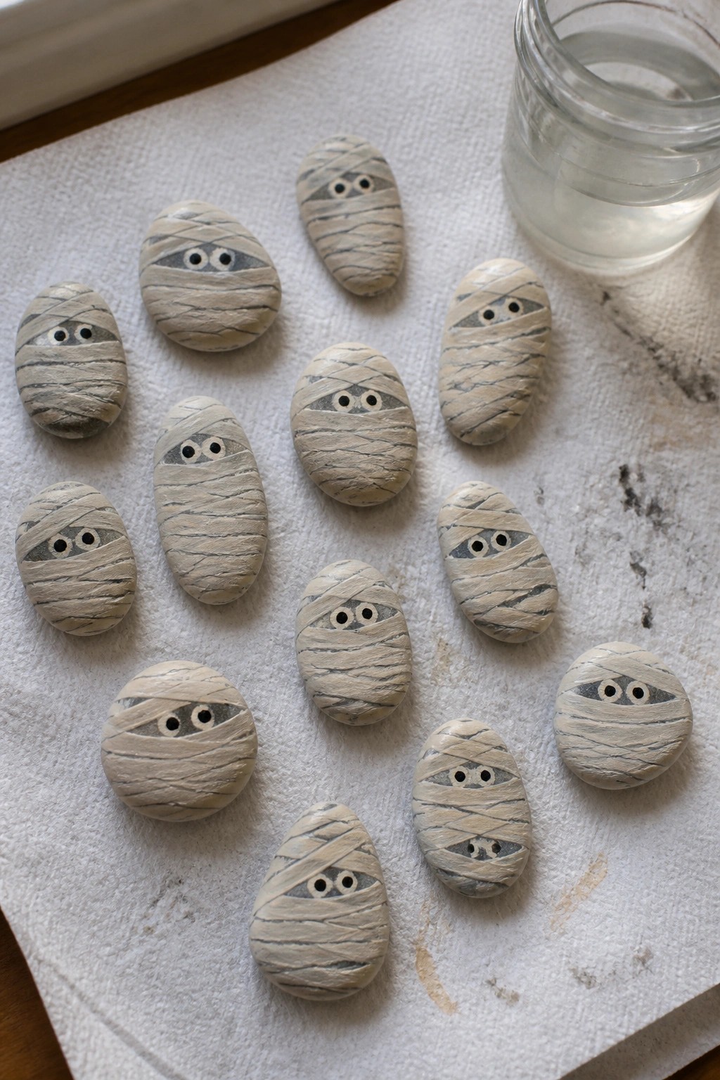 A collection of smooth oval stones painted as cartoon mummies with gray and beige bandage stripes and white-and-black eyes peeking out.