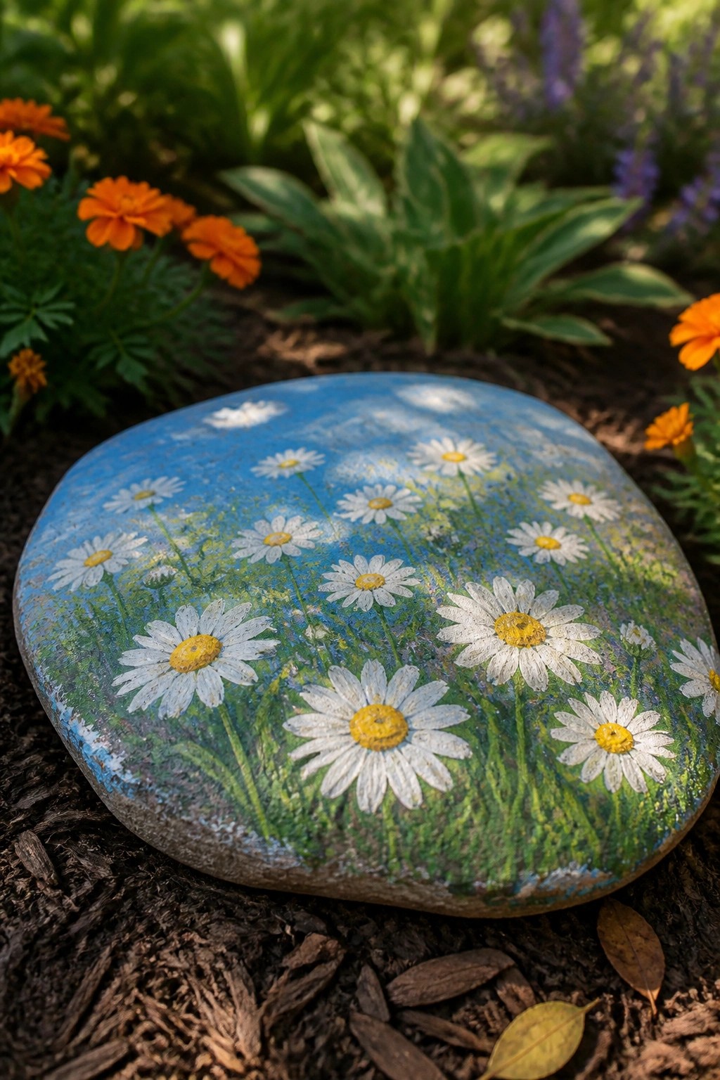 Painted rock with white daisies, green grass, and blue sky amid garden flowers