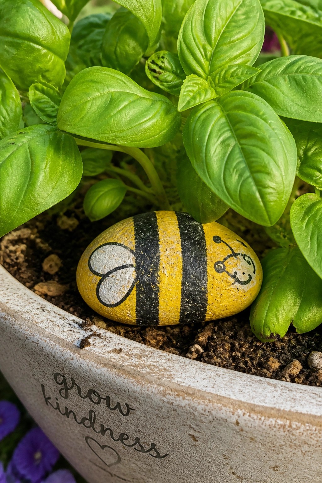 A yellow and black striped bee painted on an oval rock sits in a pot of green basil leaves, with the pot rim showing partial text.