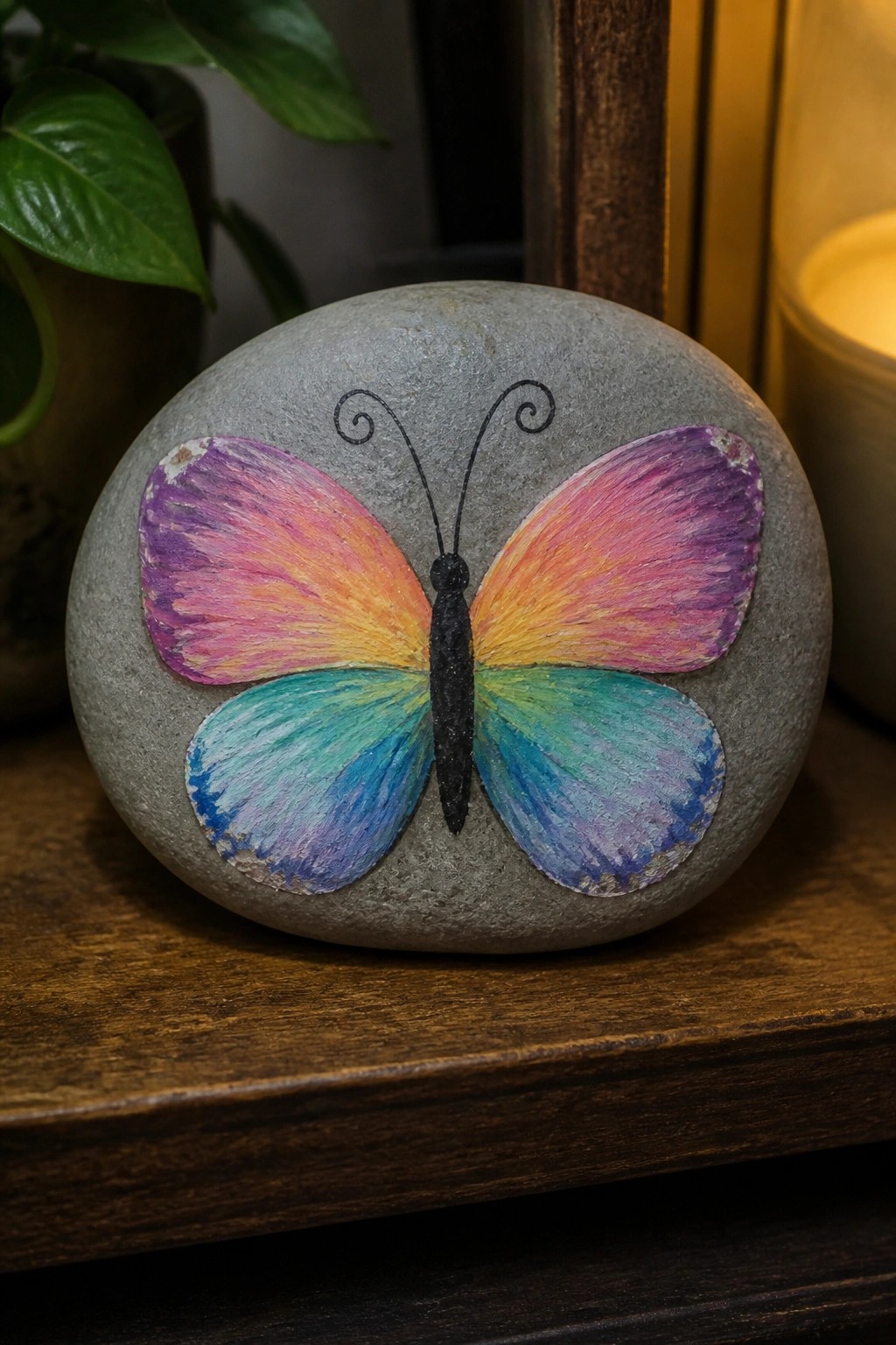 Vibrant rainbow butterfly with black antennae painted on gray stone