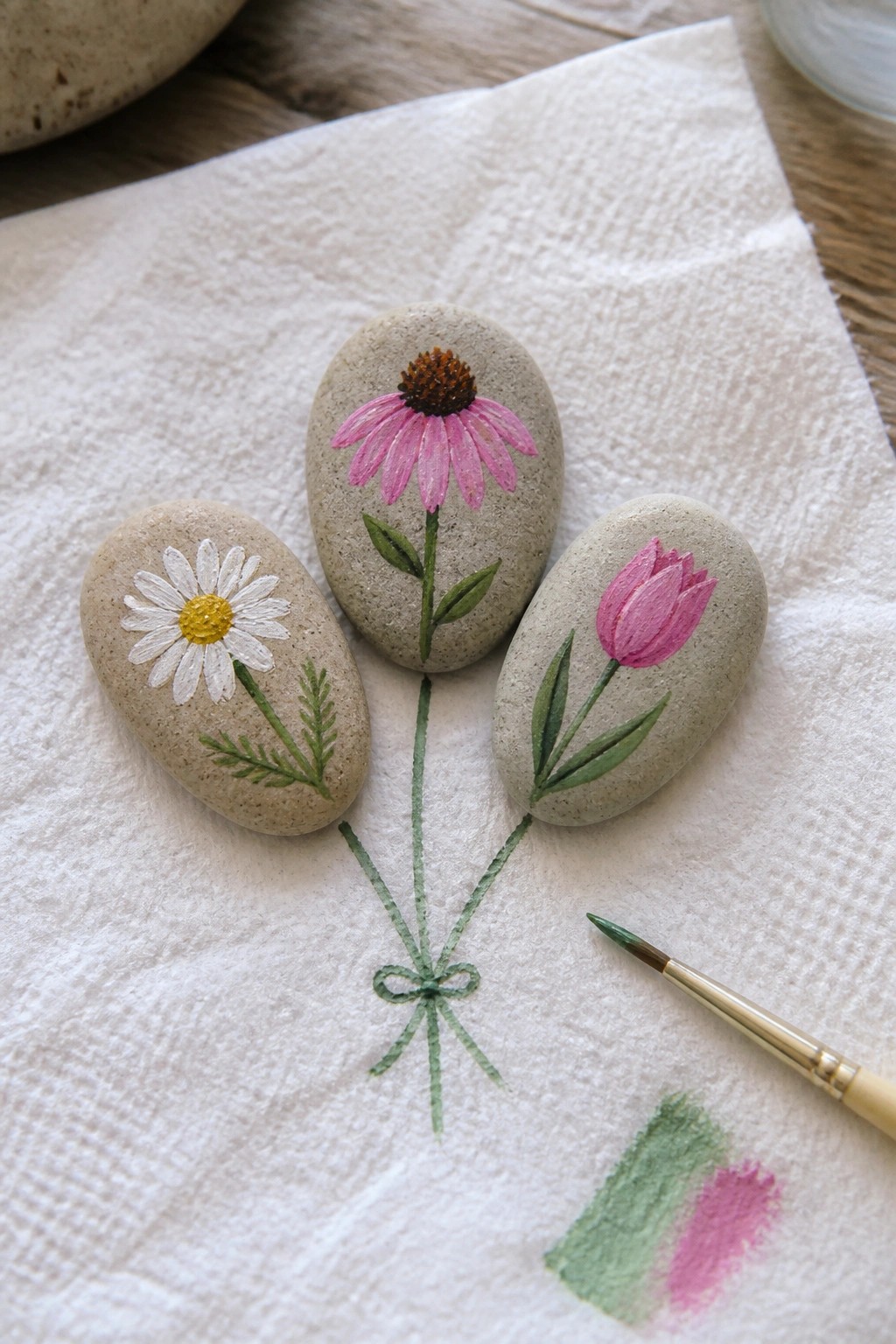Three painted rocks with daisy, coneflower, and tulip bouquet on paper towel