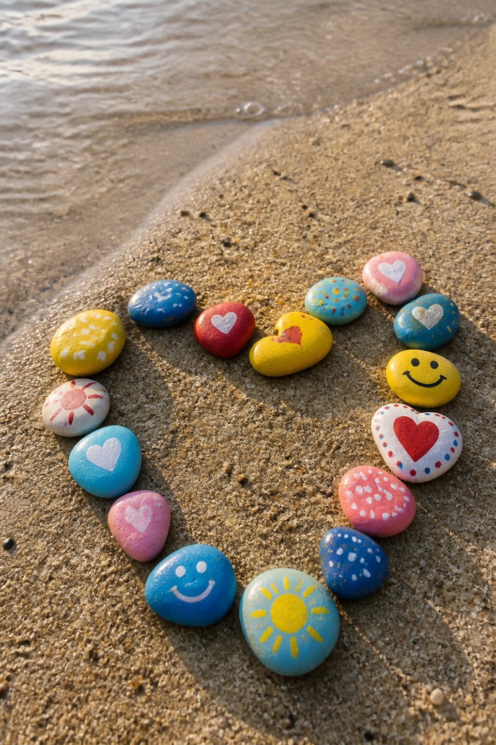 Colorful painted rocks with hearts, suns, and smiley faces on sandy beach shore