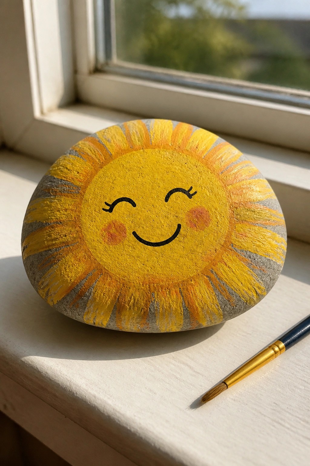 Painted rock sun with yellow rays, smiling face on windowsill beside brush