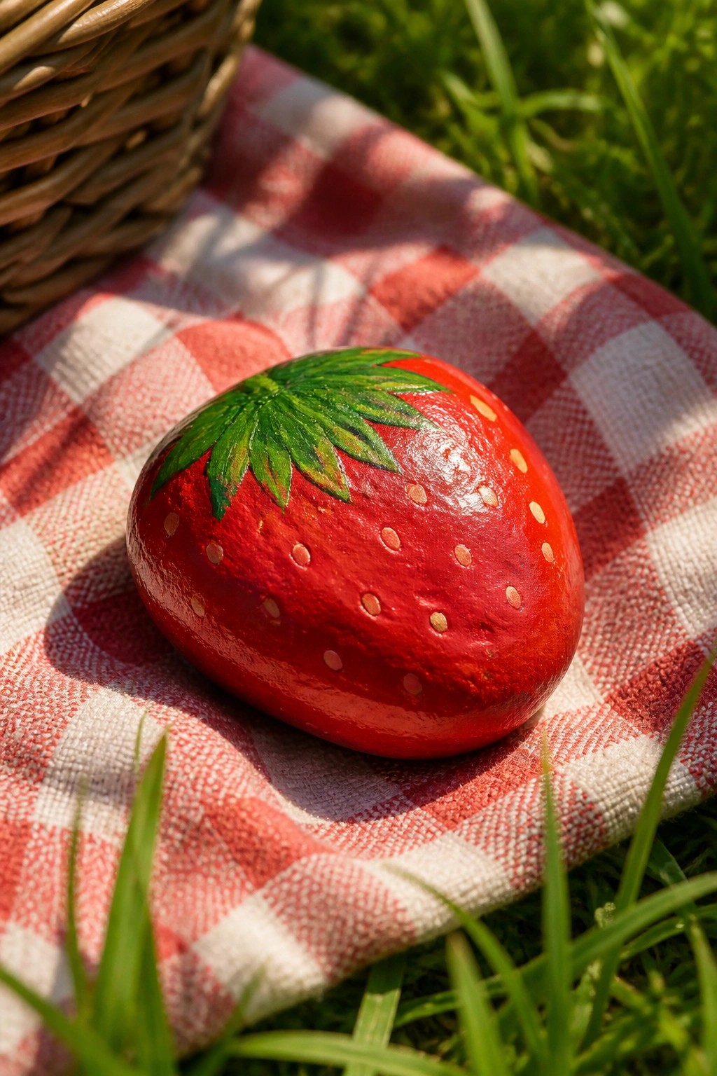 Painted strawberry rock on red checkered picnic blanket near wicker basket on grass
