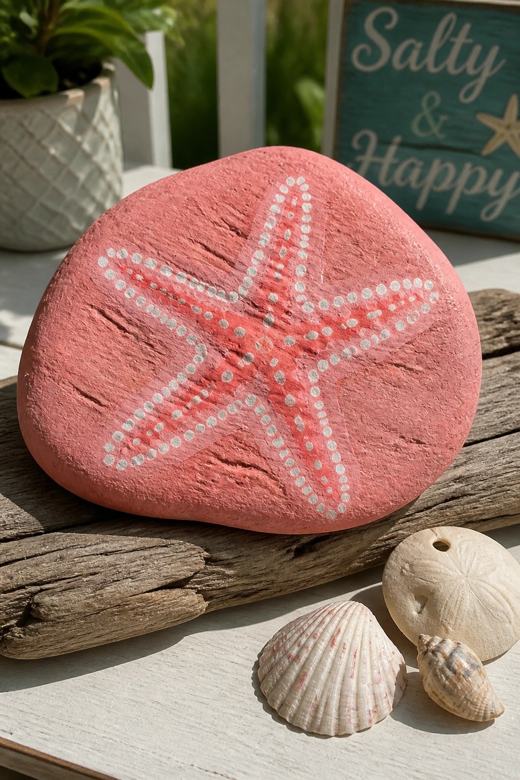 Pink rock with white dotted starfish on wood beside seashells