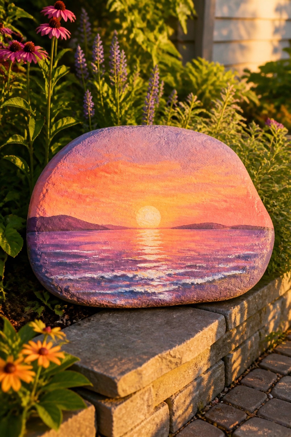 Painted rock with vibrant sunset over water amid colorful garden flowers on steps.