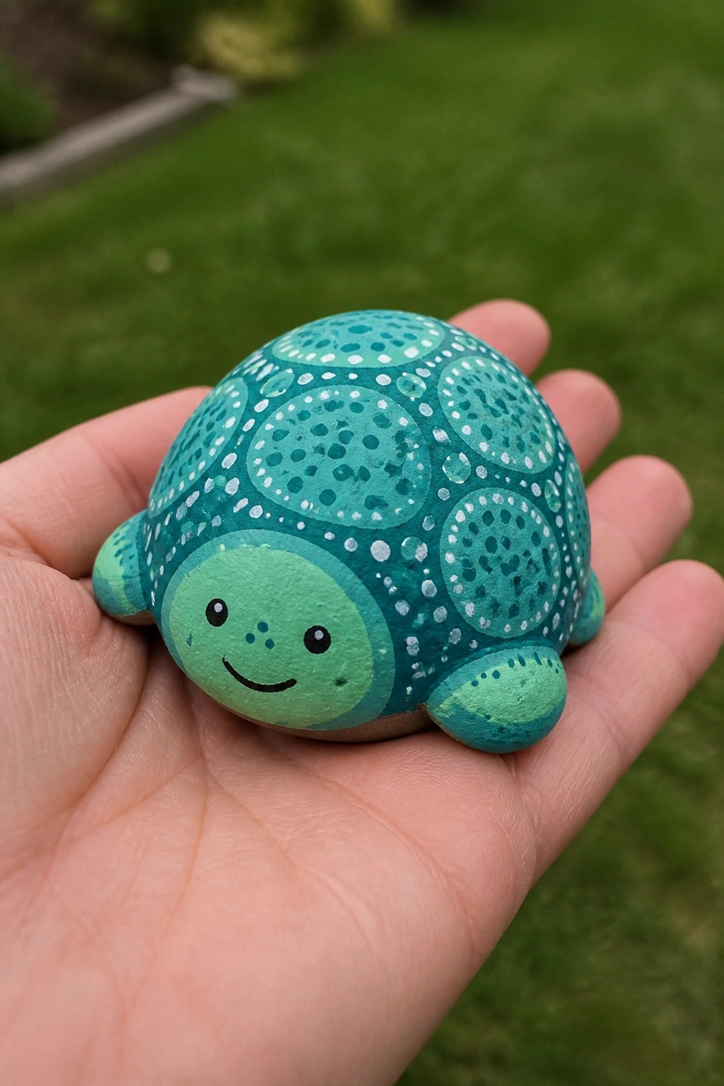 Hand holding smiling green turtle rock with dotted teal shell pattern