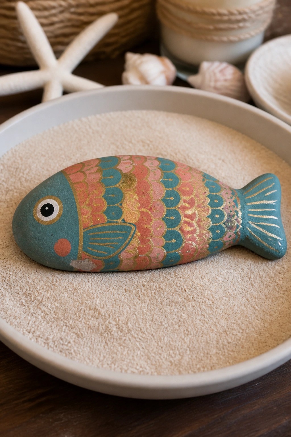 A painted fish rock with teal, coral, and gold scale details rests on sand inside a shallow tray.