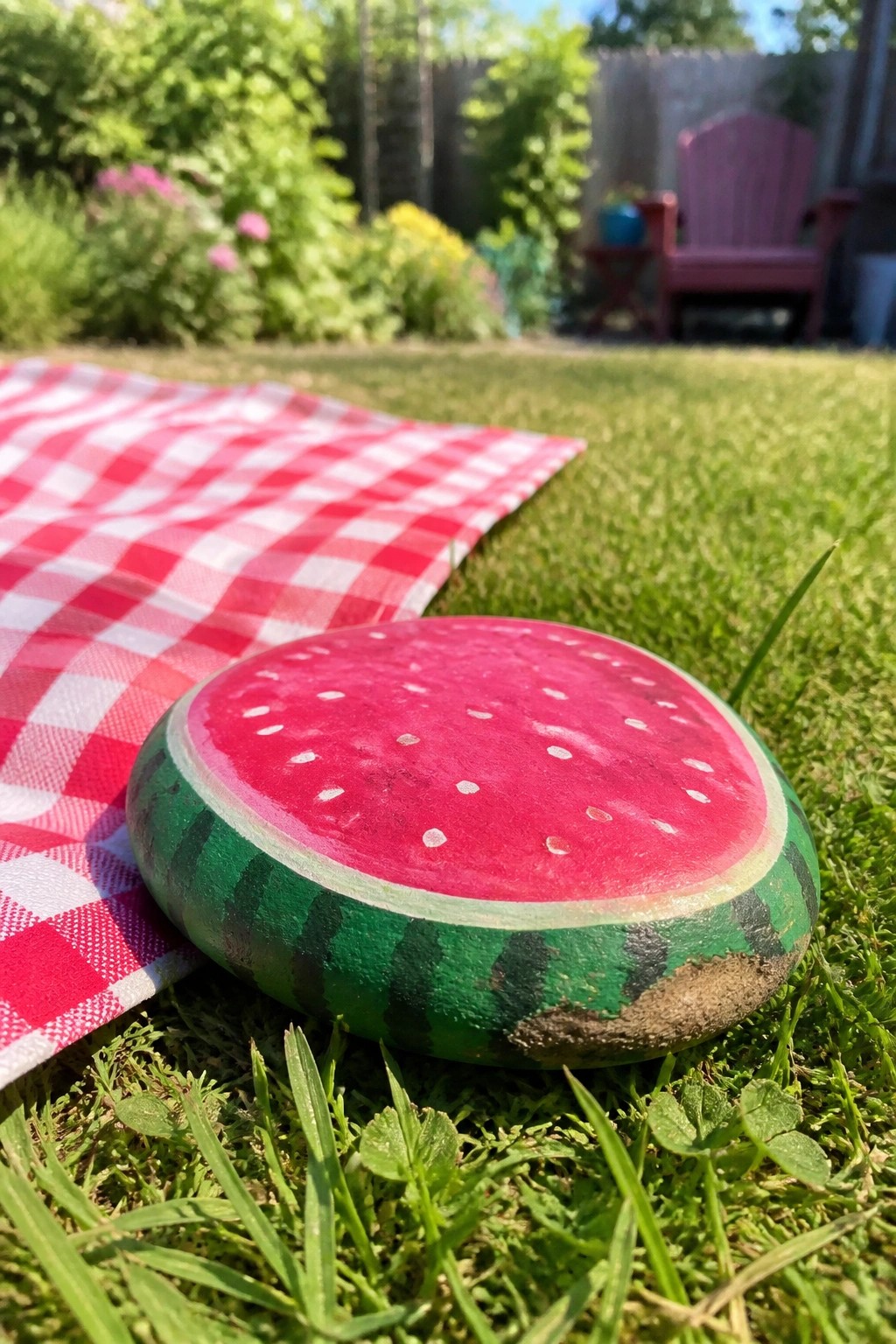 A round painted rock resembling a watermelon slice rests on grass beside a red and white checkered cloth in a garden setting.