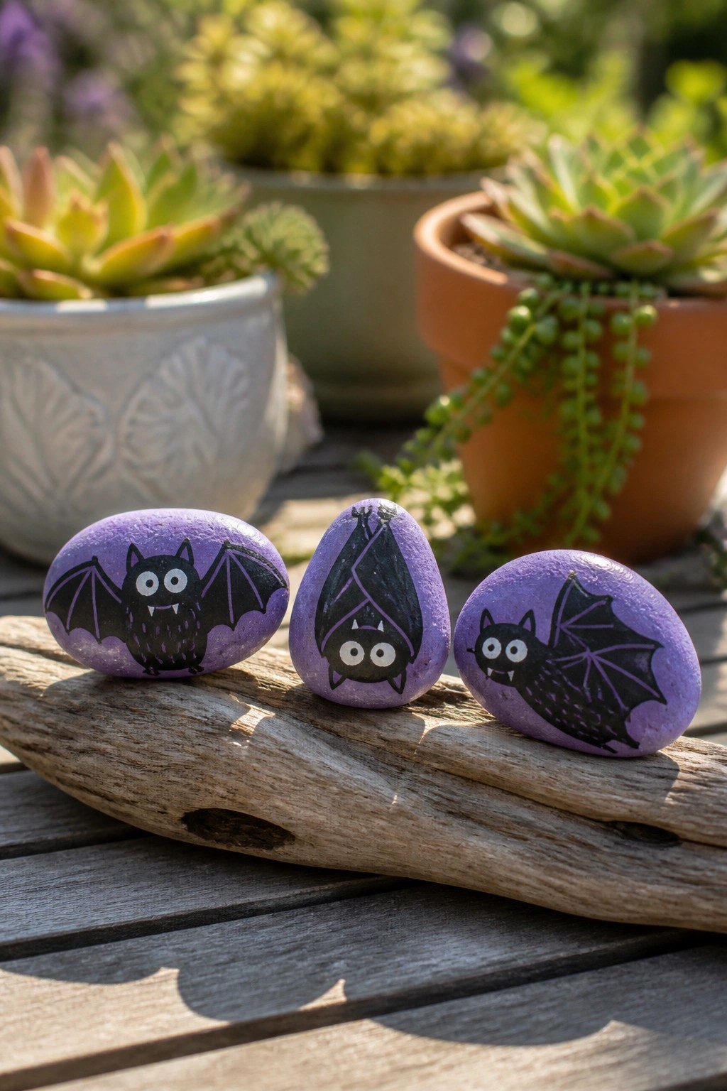 Three purple rocks painted with black bats on driftwood near potted succulents.