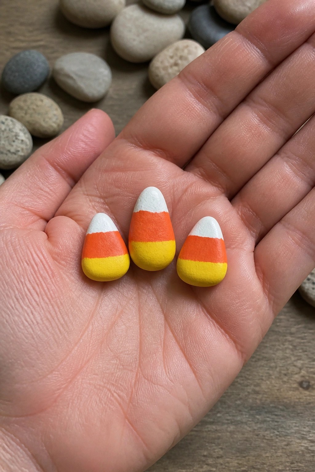 Open hand holding three candy corn pebbles painted white orange and yellow