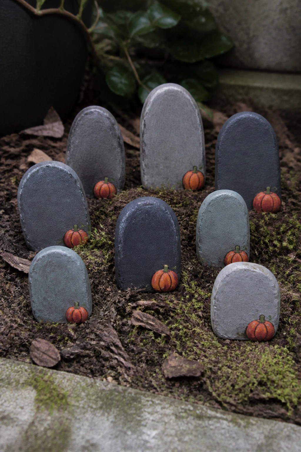 A group of small oval rocks painted gray like tombstones with orange pumpkins, arranged in soil among leaves and moss.