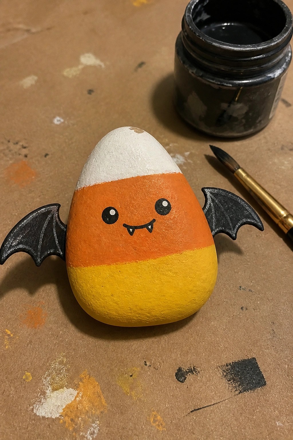 Candy corn bat rock with face and wings beside black paint jar.