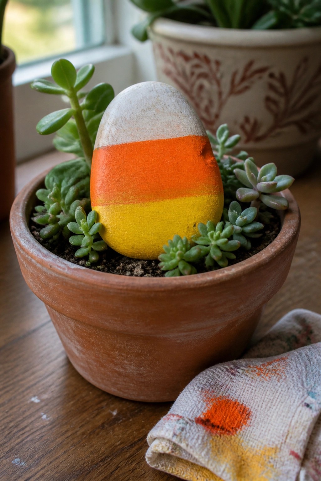 Candy corn painted rock in terracotta pot with succulents and paint-stained cloth