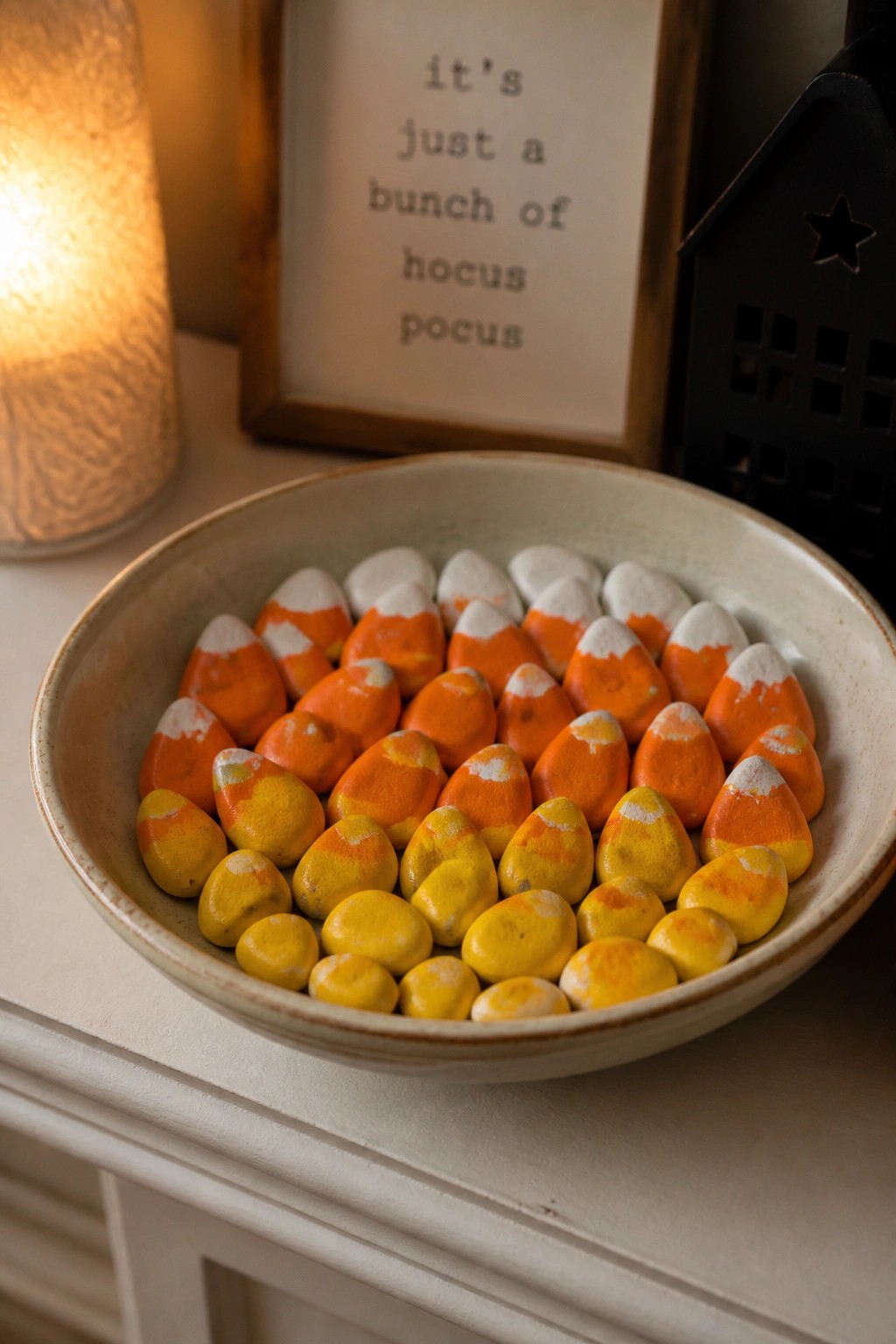 Bowl of orange, yellow, and white candy corn beside hocus pocus sign and lamp