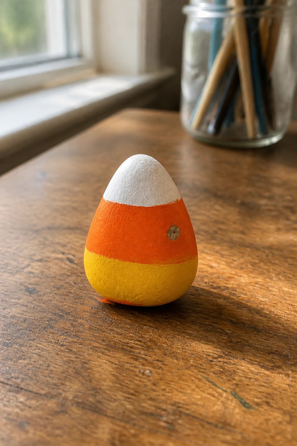 Candy corn painted rock with white, orange, yellow bands on wooden table