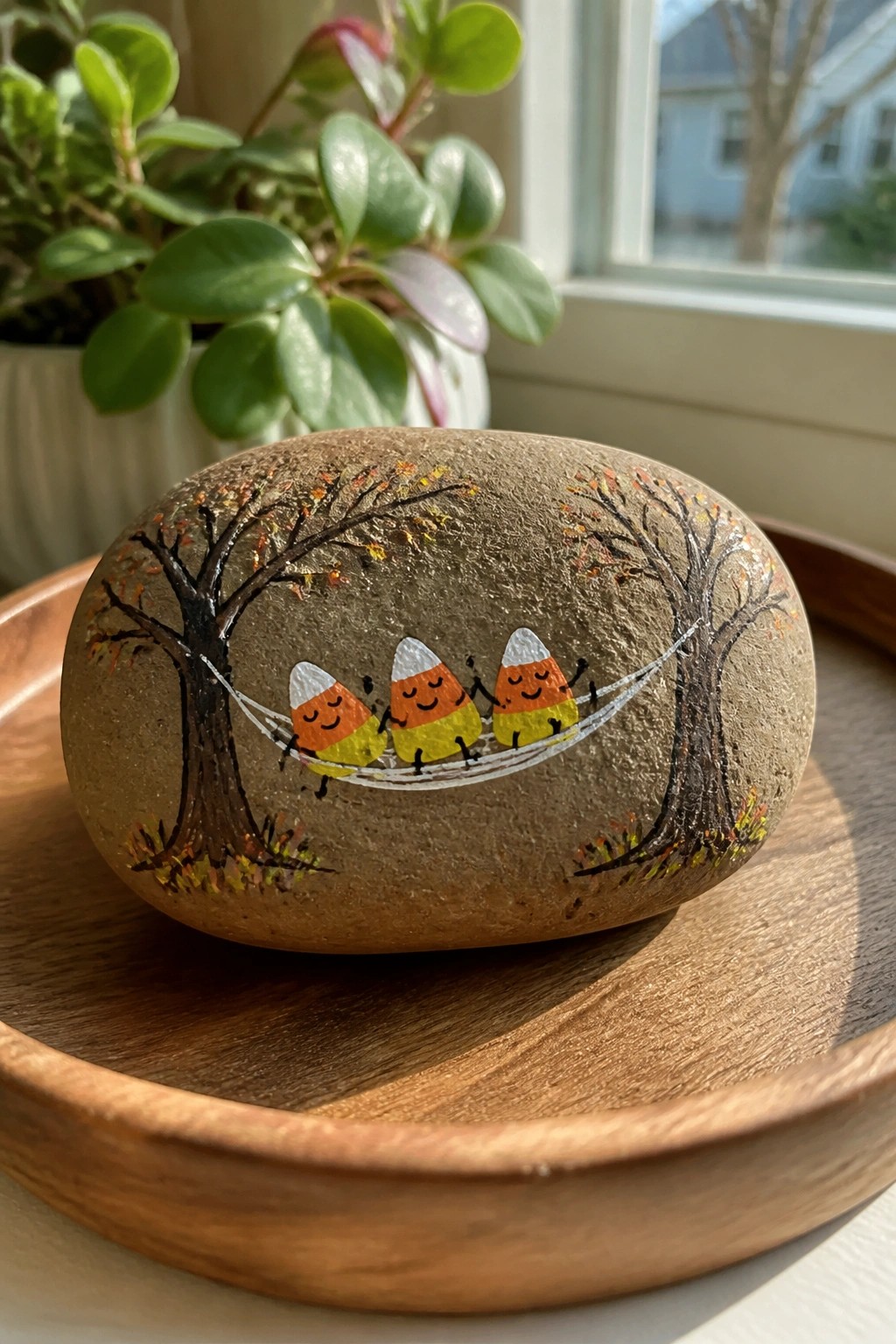 Painted rock with three candy corns on hammock between autumn trees on wooden tray