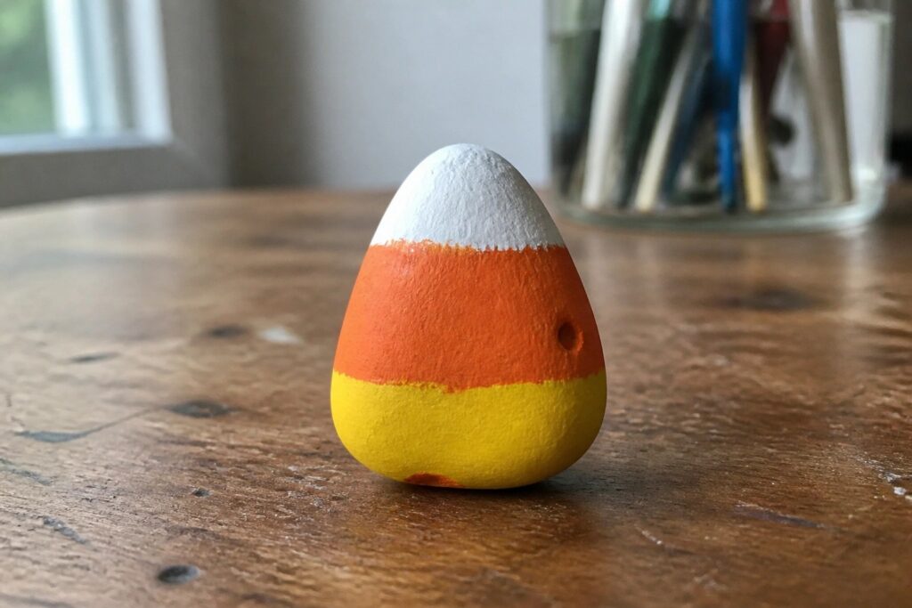 19 Whimsical Candy Corn Painted Rock Ideas for Festive Halloween Decor Candy corn painted rock with white, orange, yellow bands on wooden table
