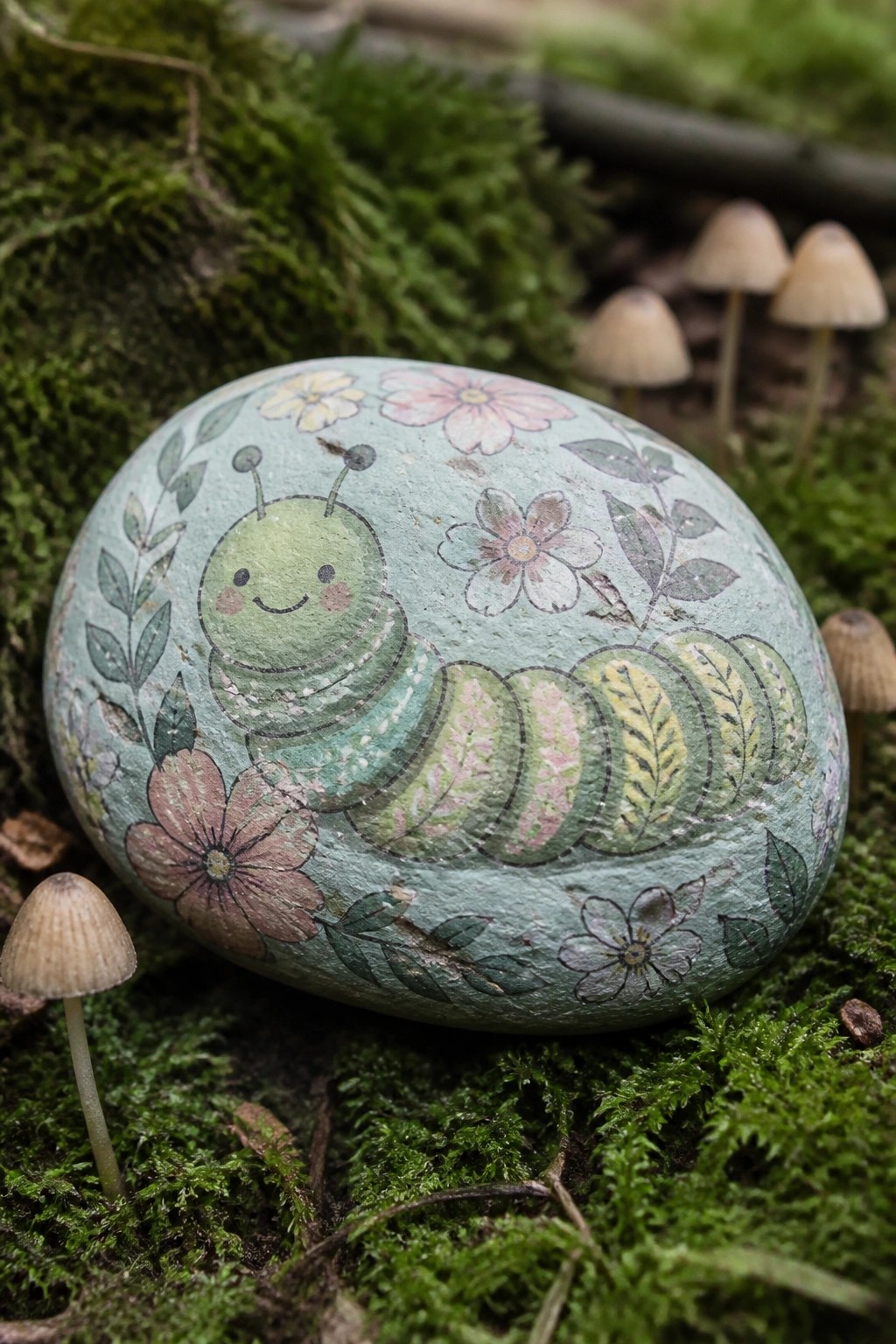 Painted rock with smiling green caterpillar, flowers, and leaves on mossy ground