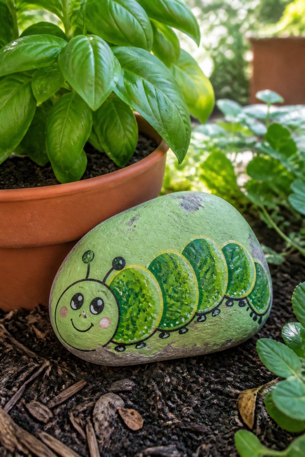 A green painted rock caterpillar with leaf segments rests on soil beside a terracotta plant pot.