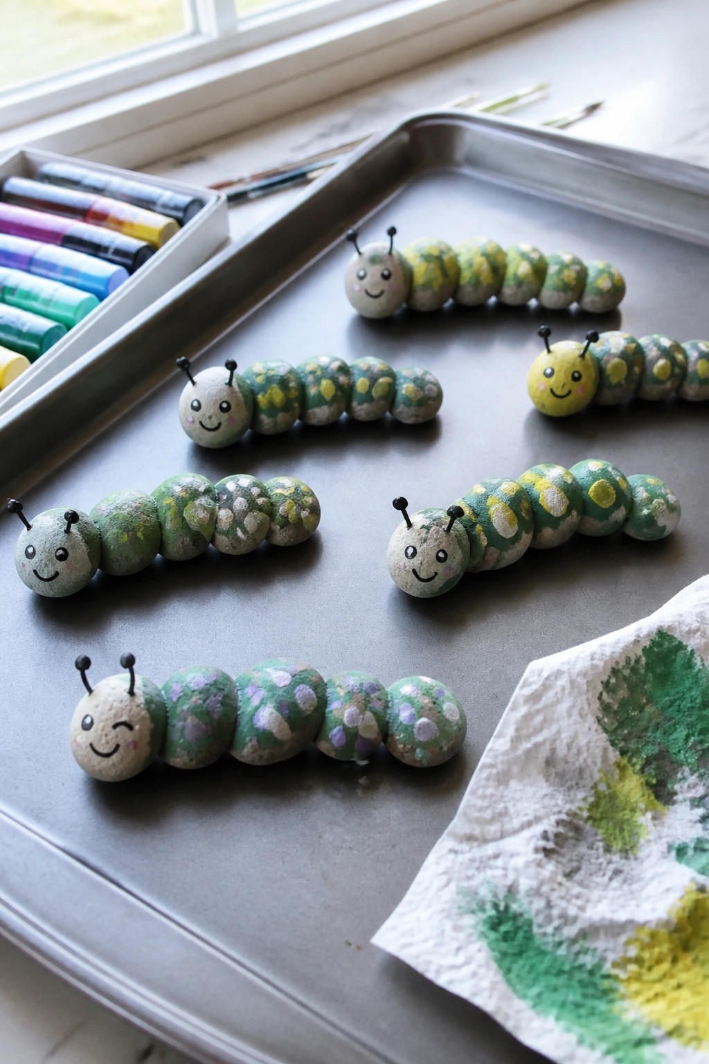 Several painted rock caterpillars made from lined-up pebbles rest on a metal tray beside oil pastels and a paint-stained cloth.