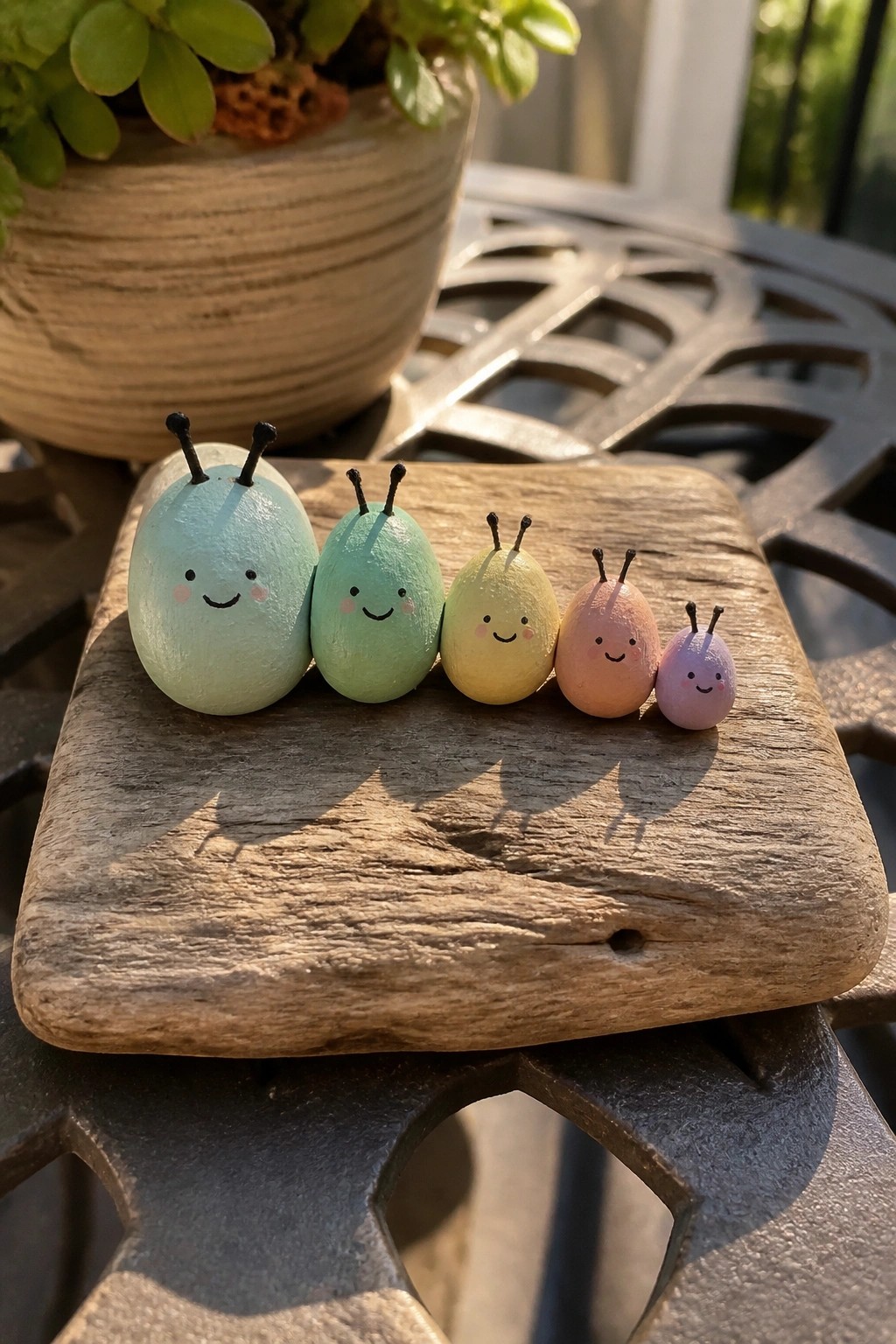 Five colorful painted snail figurines lined up on weathered wood outdoors