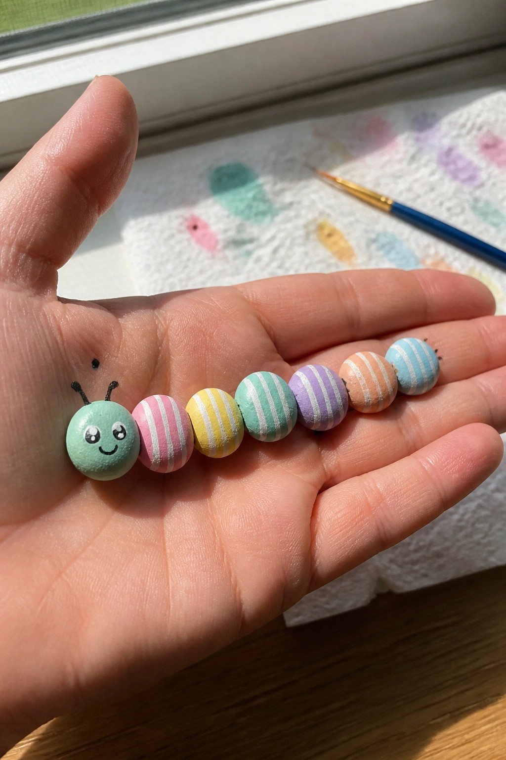 A hand holds a row of small painted rocks forming a caterpillar with a green head and striped pastel body segments.