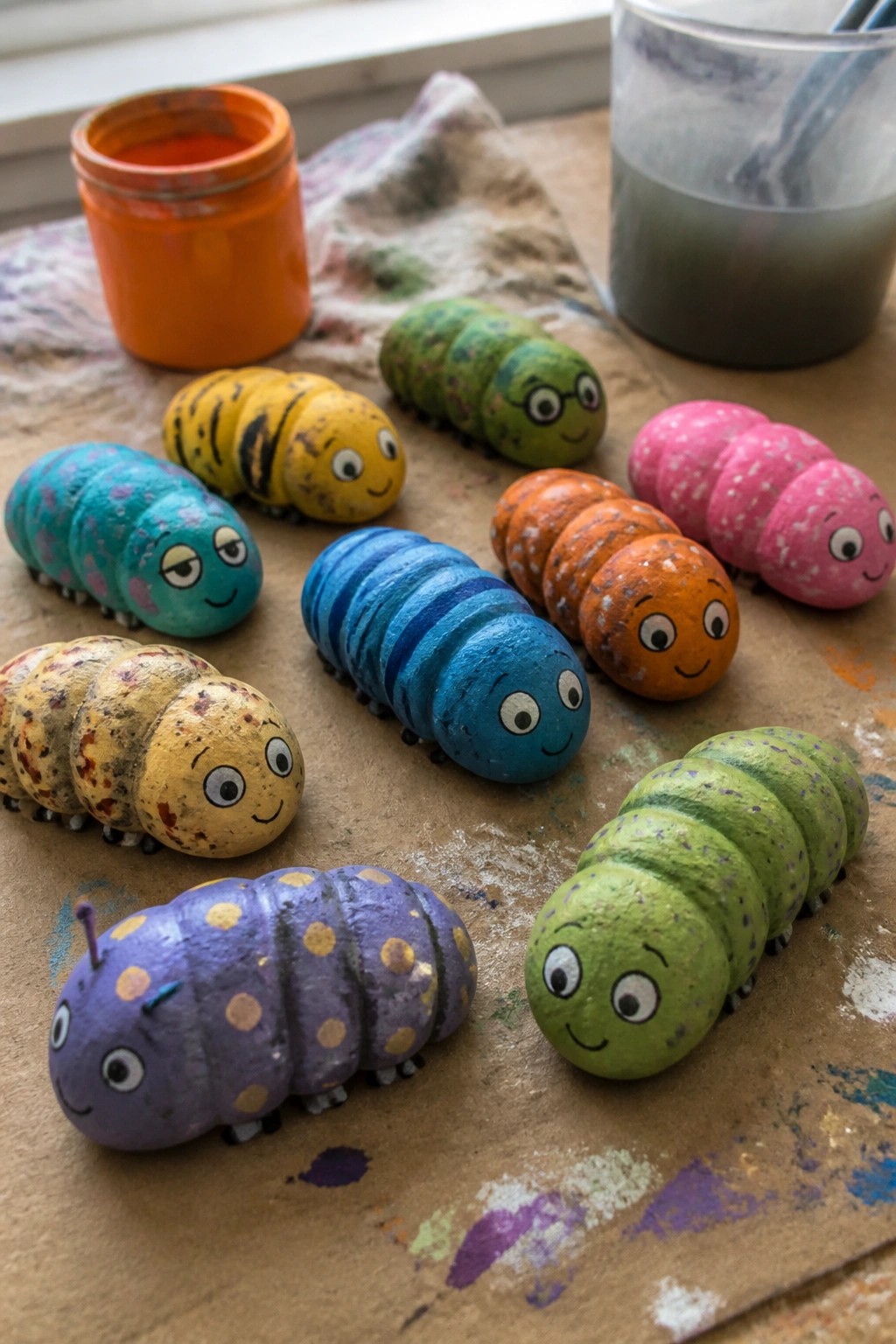 Colorful painted rock caterpillars on a splattered craft table with paint jars.