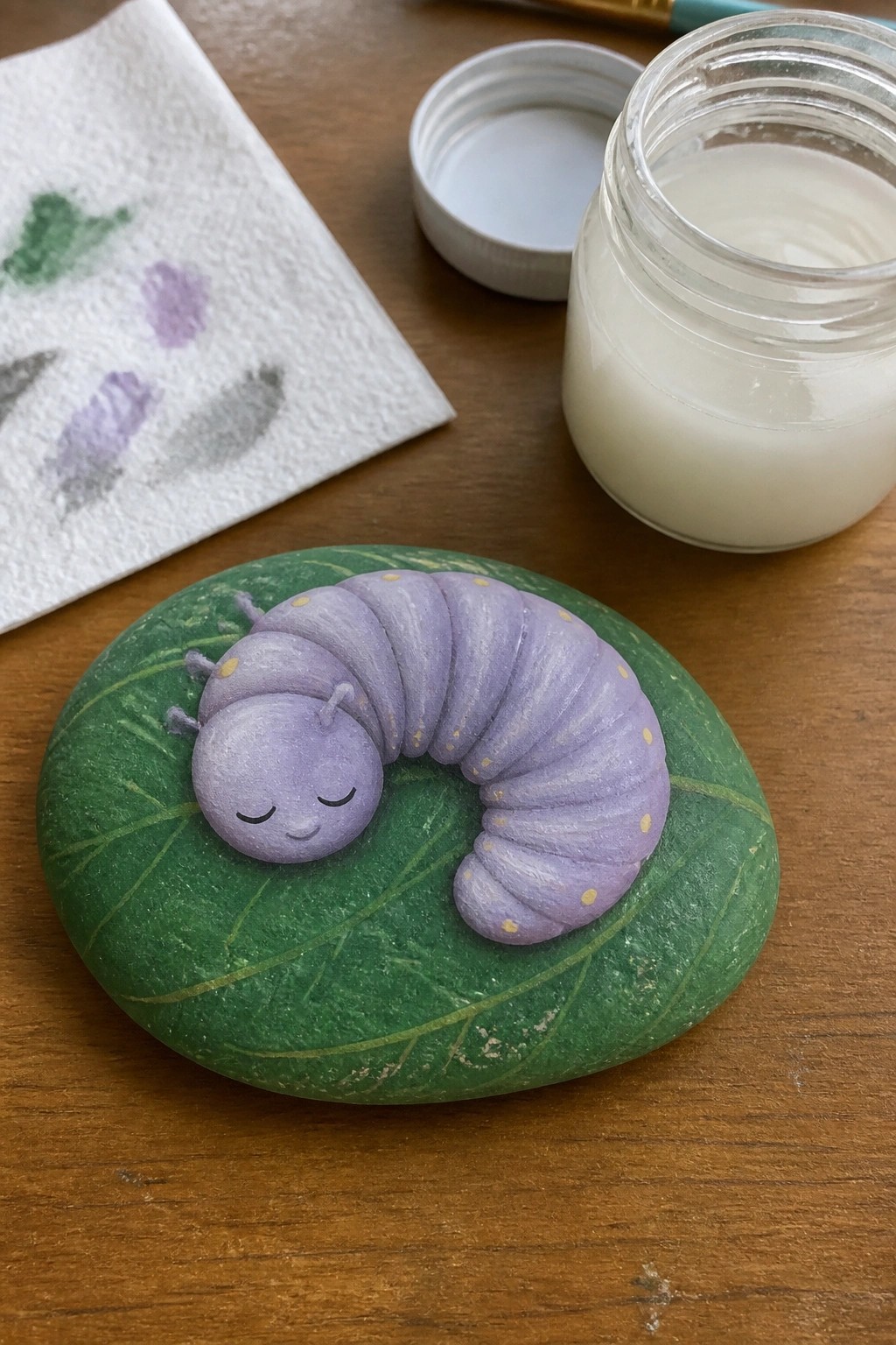 A purple caterpillar with yellow dots is painted curled on a green leaf design covering a smooth oval rock, next to a jar of white paint and a paper towel with paint swatches.