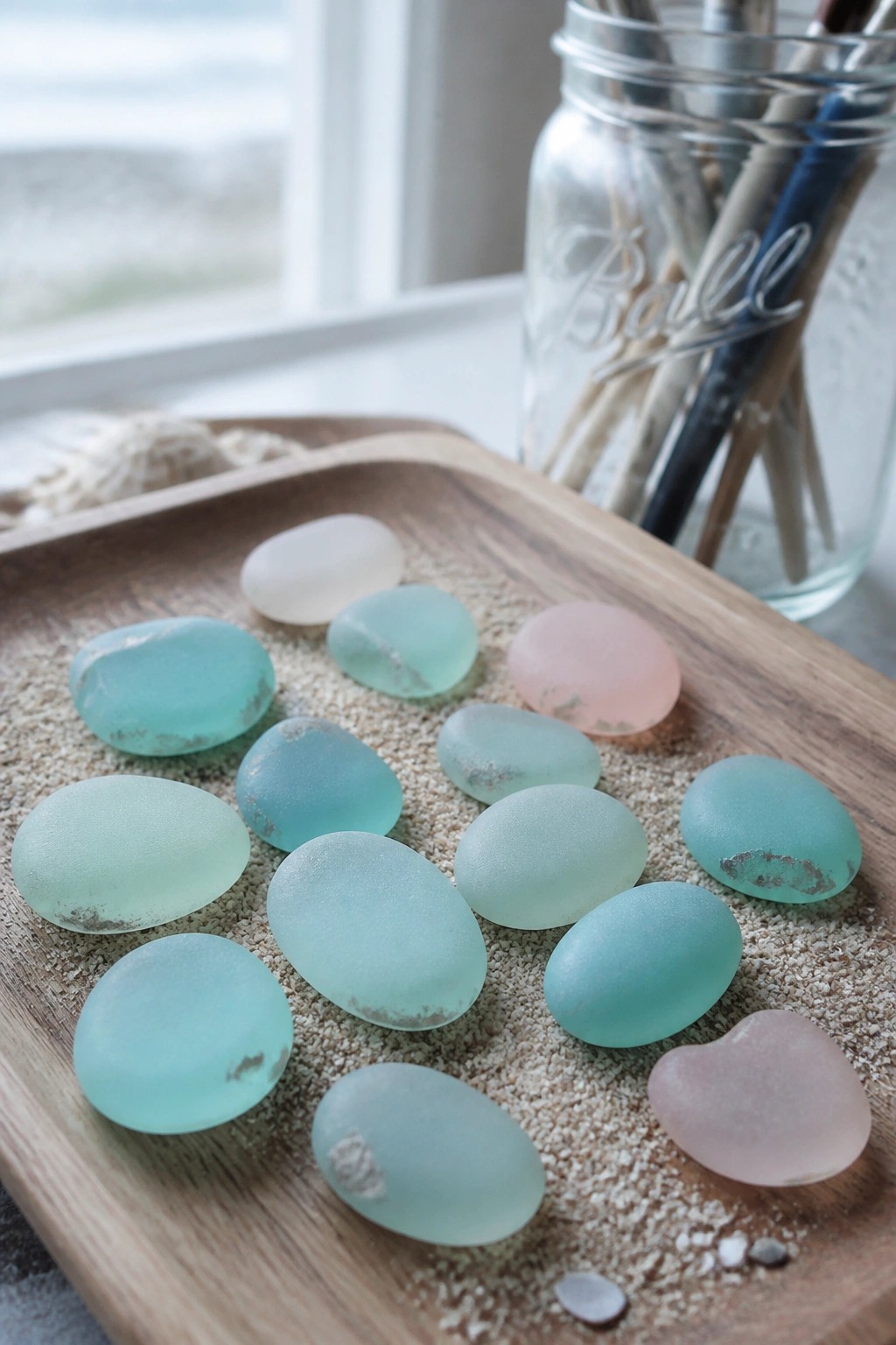Sea glass pebbles on sandy wooden tray beside mason jar of brushes