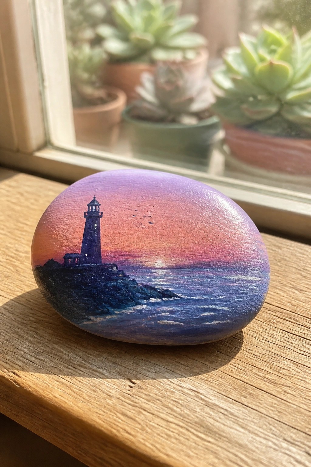 Oval stone painted with lighthouse on rocky coast under purple-pink sunset sky on wood.