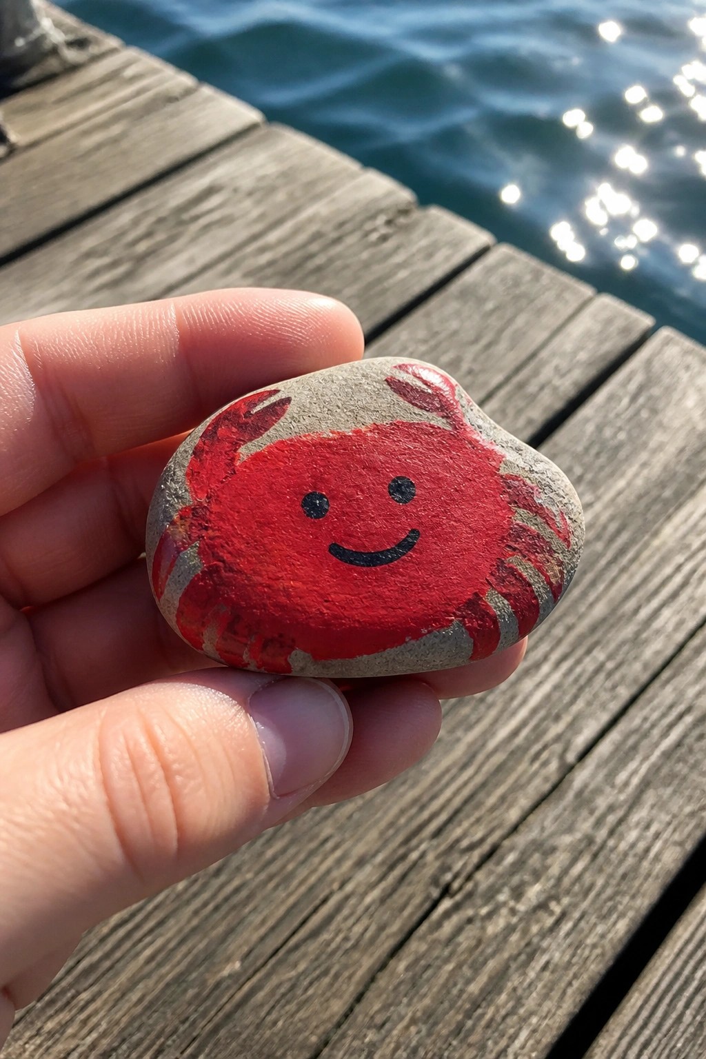A hand holds a small gray stone painted with a red crab face and claws against a wooden dock and water background.