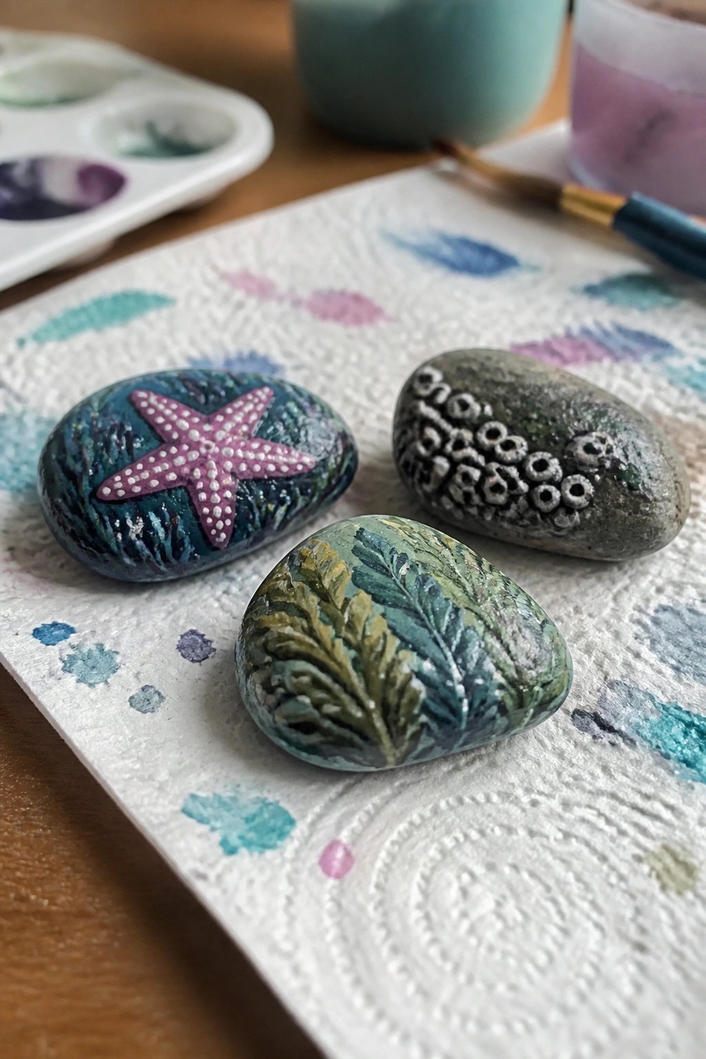 Three painted rocks with starfish, barnacles, and seaweed on splattered paper towel with supplies