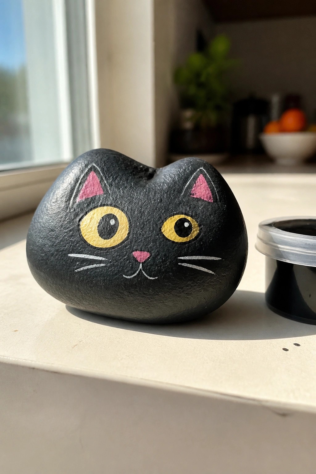 Black cat-faced painted rock with yellow eyes and pink ears on windowsill