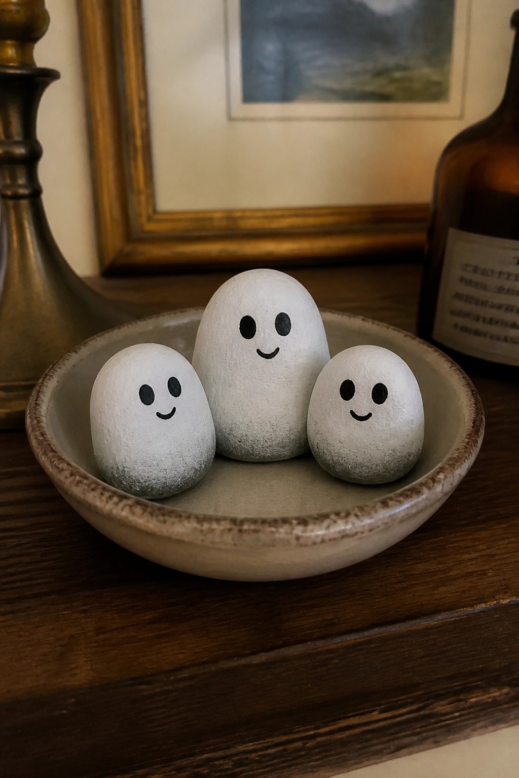 Three white painted rocks with simple ghost faces inside a ceramic bowl on a wooden surface.