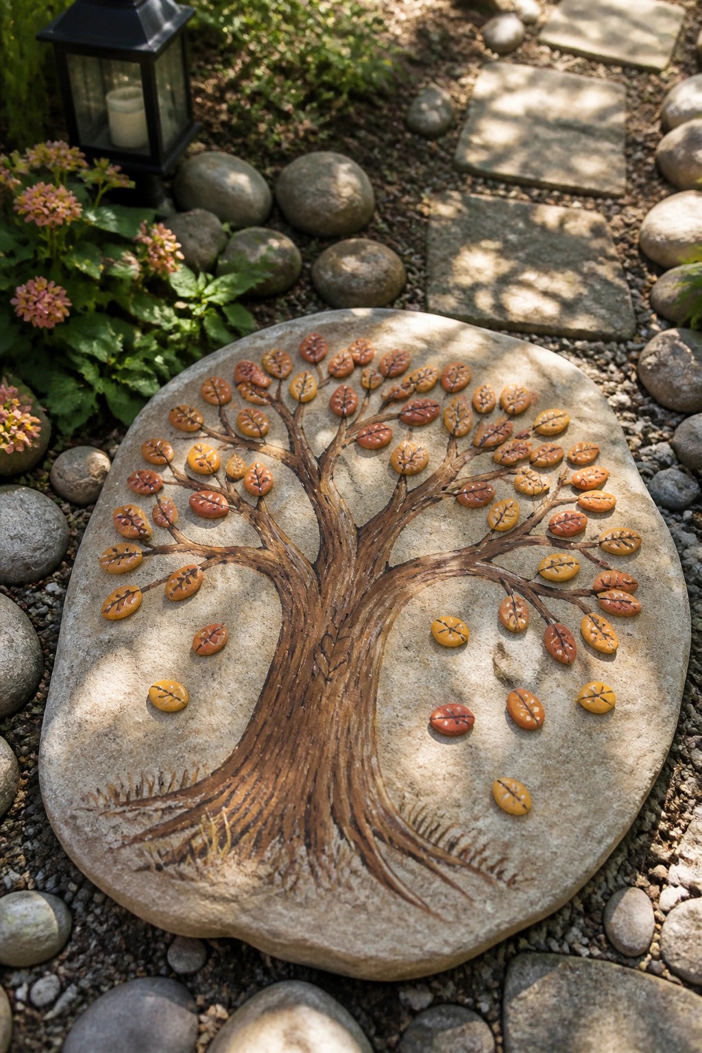 Stone tree with colorful pebble leaves on garden rock amid flowers and path