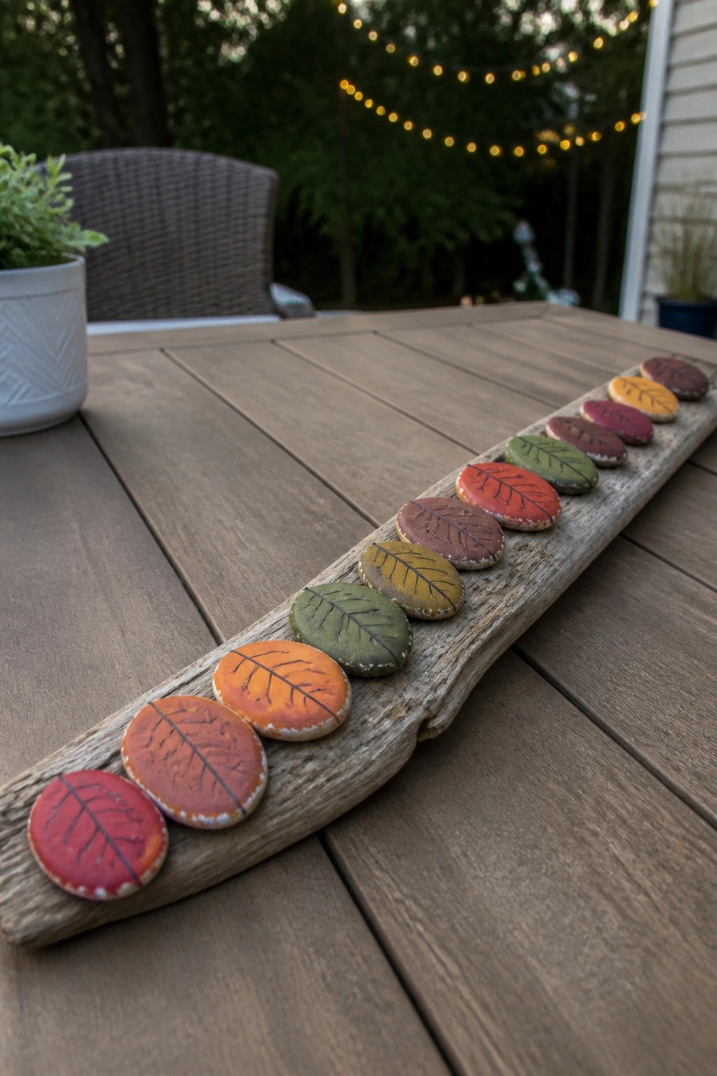 Colorful leaf-shaped cookies arranged in a row on wooden plank outdoors.