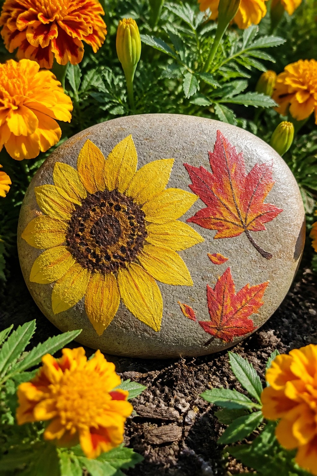 A gray rounded rock painted with a yellow sunflower and red maple leaves sits among orange marigolds in a garden bed.