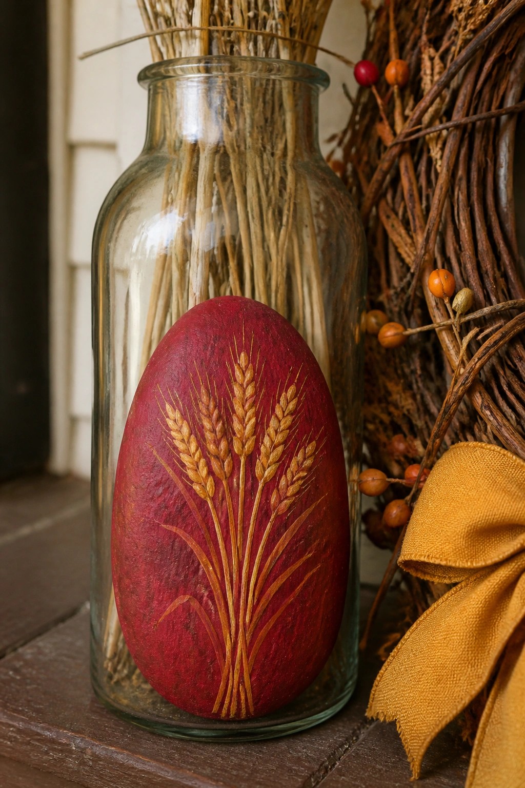 Red egg with golden wheat stalks in glass bottle beside wreath and yellow ribbon