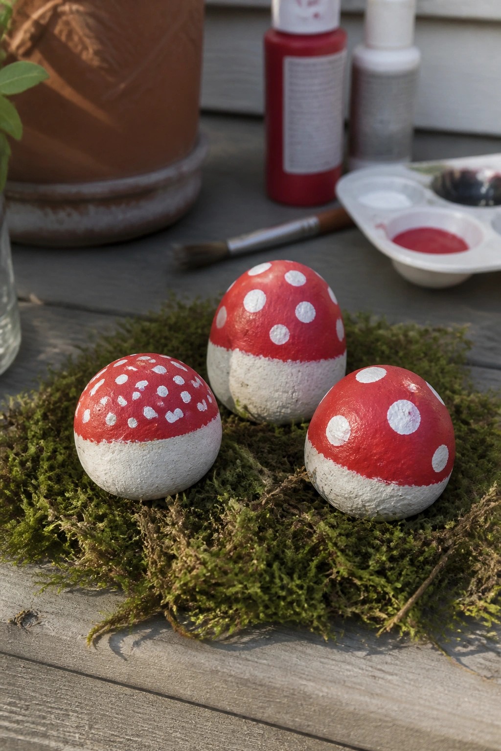 Three mushroom-painted rocks on green moss with paint bottles and palette nearby.