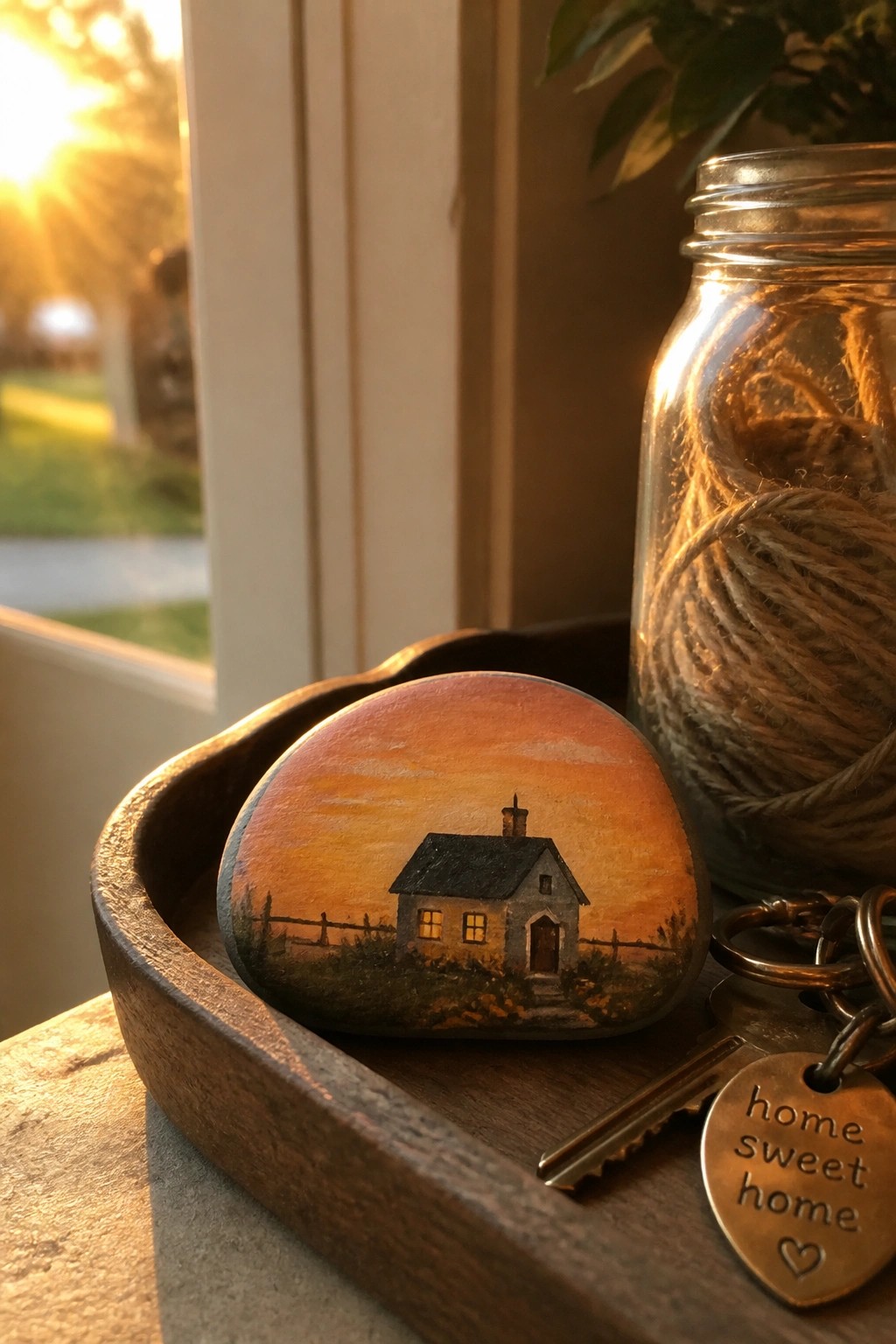 Painted stone of house at sunset in wooden tray beside keys and twine jar