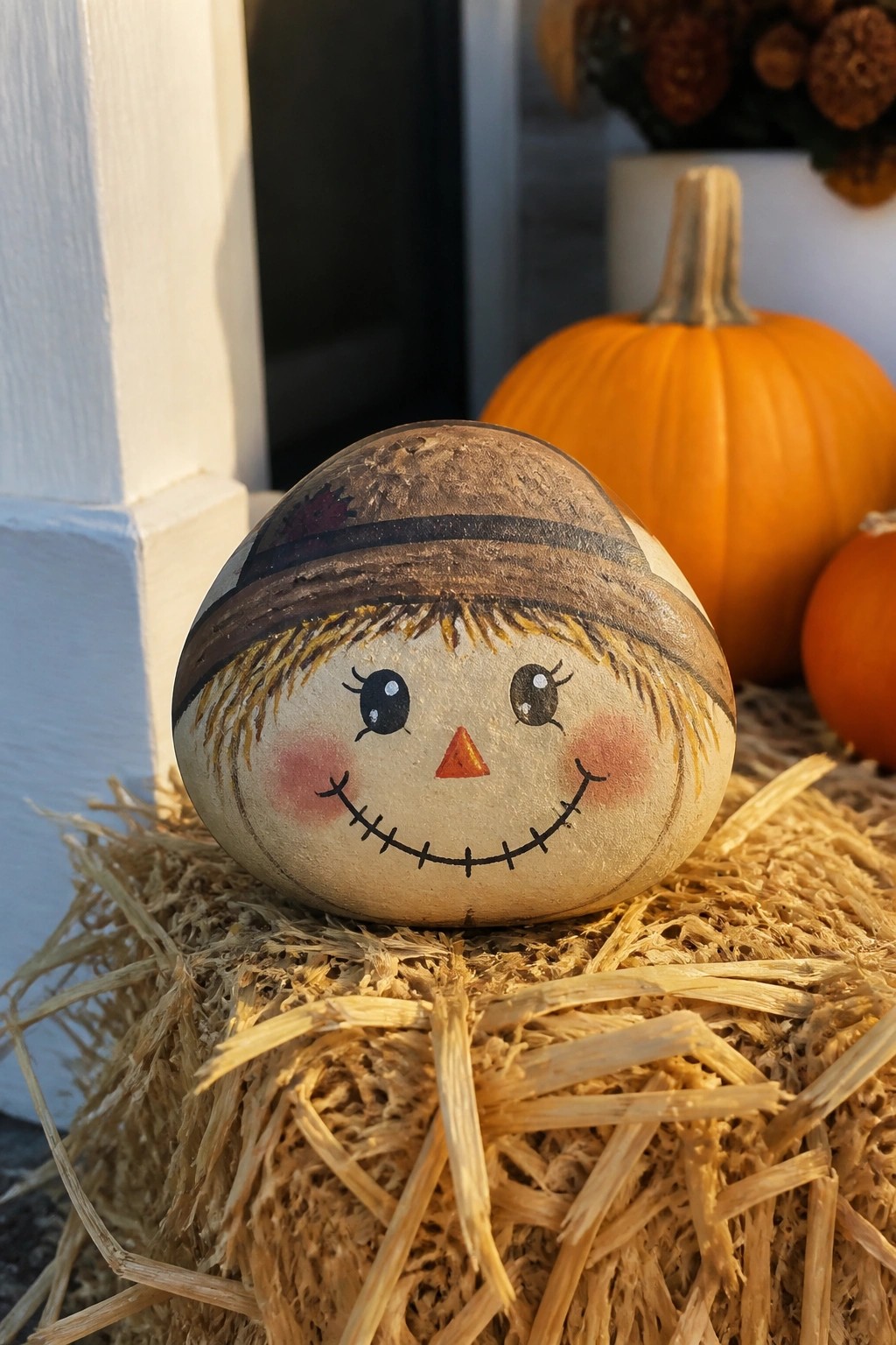 Scarecrow-faced gourd with stitched smile, straw hair, and hat on hay bale.