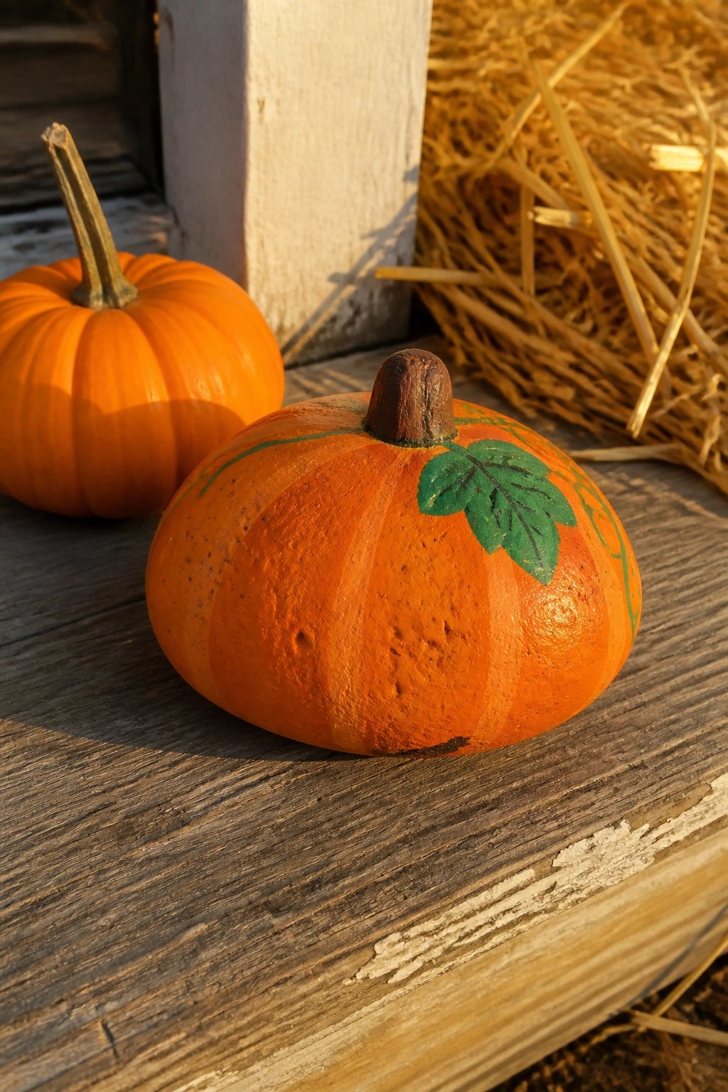 Two painted orange pumpkins on wood beside hay bale in golden sunlight