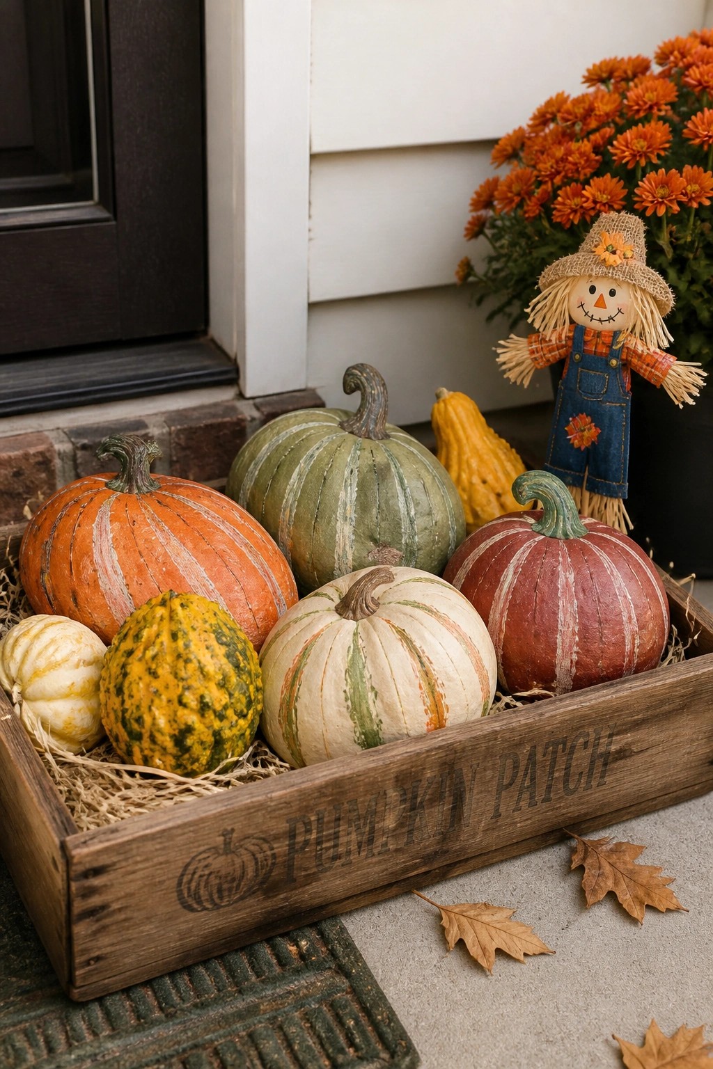 Assorted colorful pumpkins in wooden