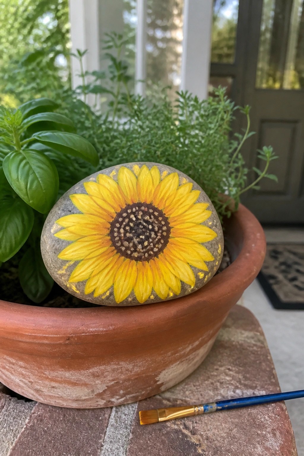 A rounded stone painted with a yellow sunflower sits in a terracotta pot next to a paintbrush.