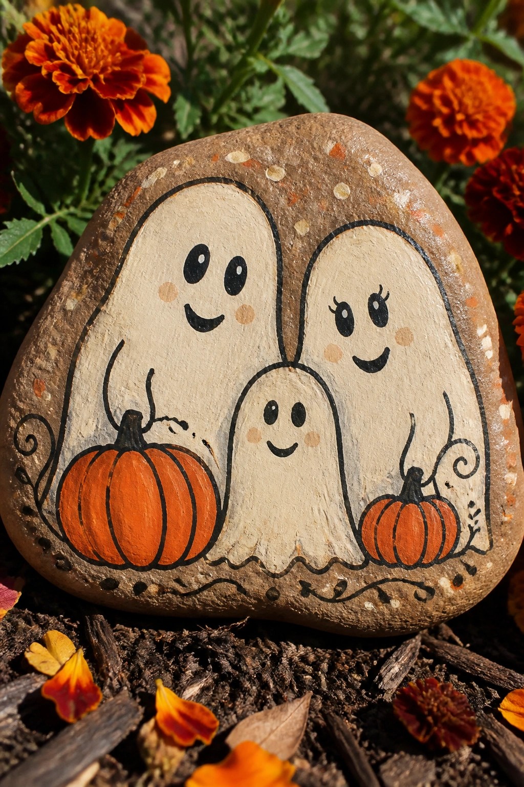 Painted rock with three smiling ghosts and pumpkins amid orange flowers.