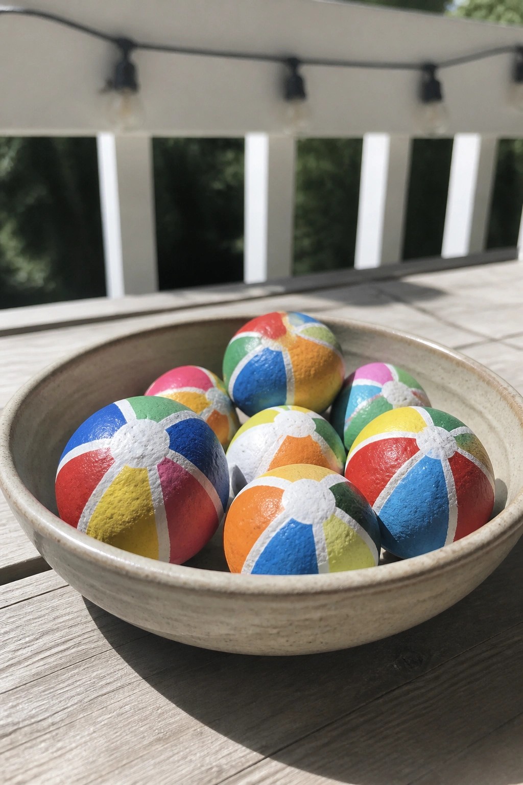 A ceramic bowl on a wooden table holds several rounded rocks painted with multicolored beach ball patterns.