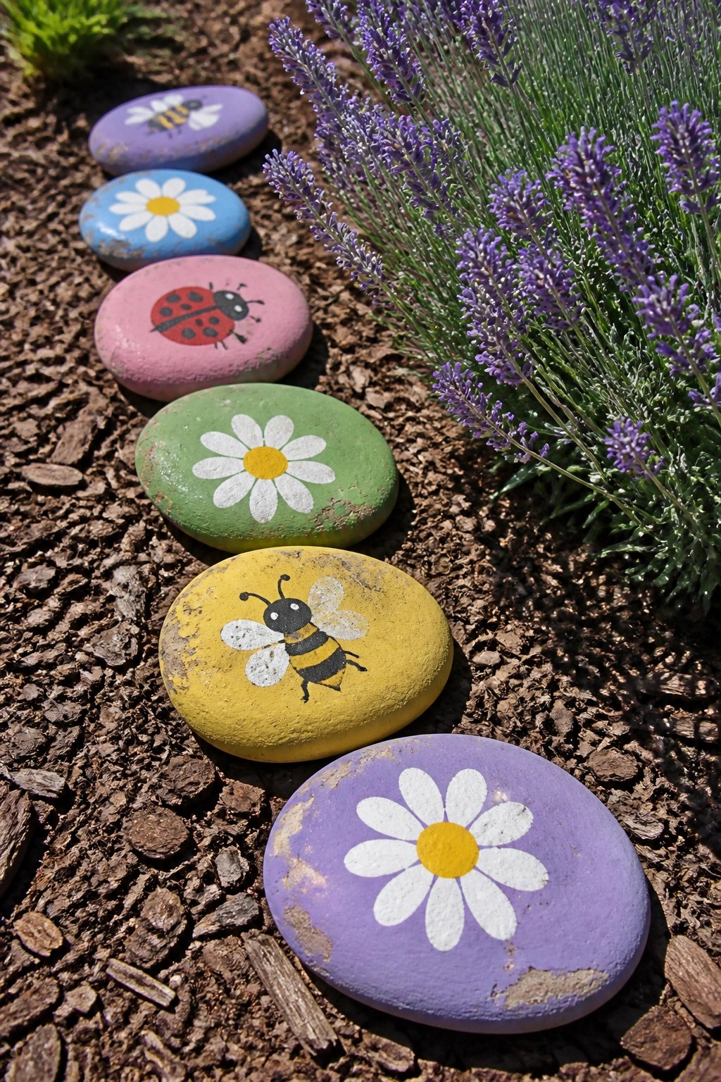 Colorful painted rocks with bees, daisies, and ladybug beside lavender on soil