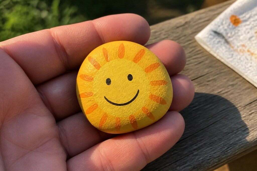 20 Simple Things to Paint on Rocks for Quick Summer Craft Sessions A small round yellow painted rock with orange sun rays and a black smiley face held in a hand on a wooden surface.